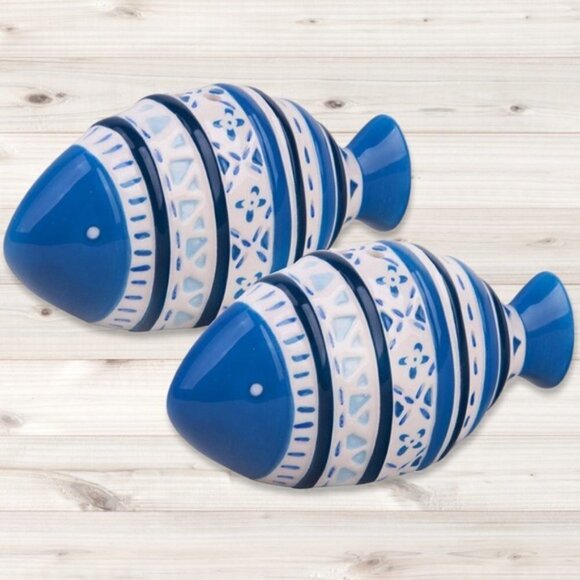 Global Tides Tropical Fish Salt Pepper Shaker Set Ceramic Coastal Blue White - Picture 3 of 16
